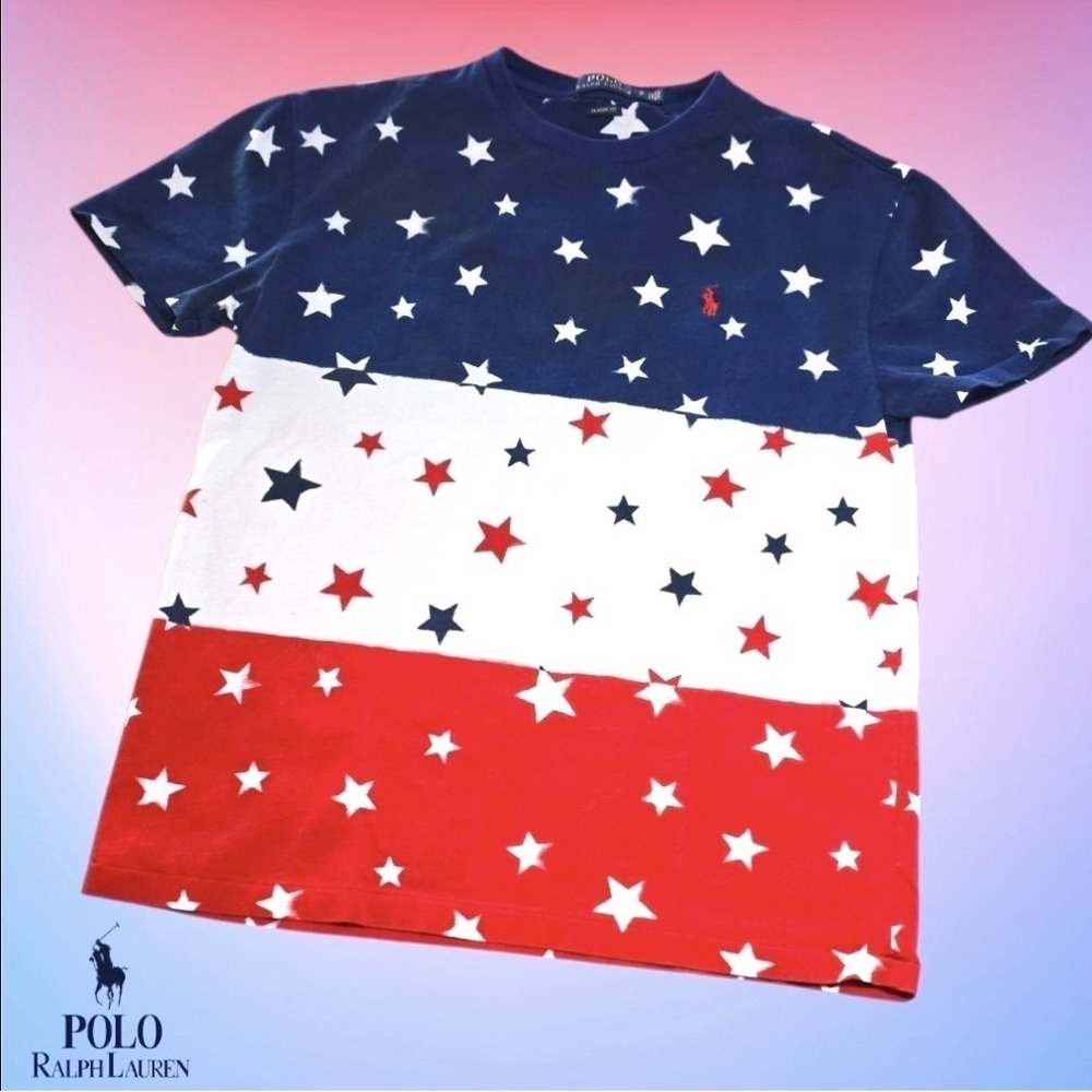 Polo Ralph Lauren Mens Classic Fit Tee Red White Blue Stars Americana S FLAWED